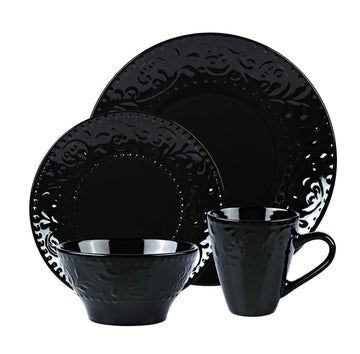 Elegant and Modern Stoneware Scroll Dinnerware Set for Hosting Parties and Events - Black, 16 Piece