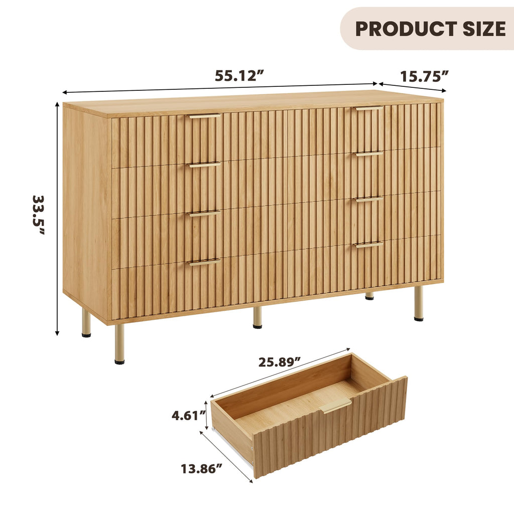 55" Fluted Natural 8 Drawer Dresser with Deep Drawer