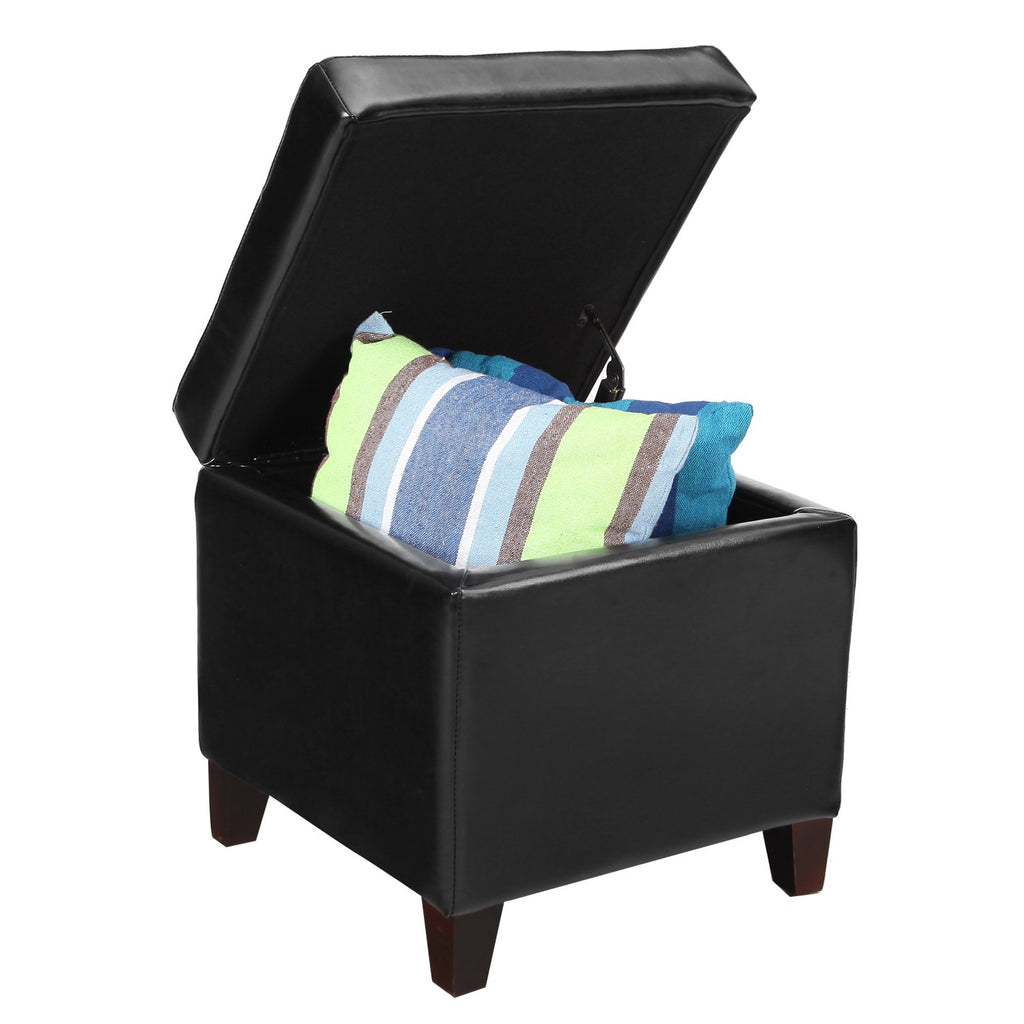 Storage Ottoman Foot Rest Stool, Leather Ottoman Footstool with Wood Legs and Hinged Lid, 18" Small Foot Stool Bench