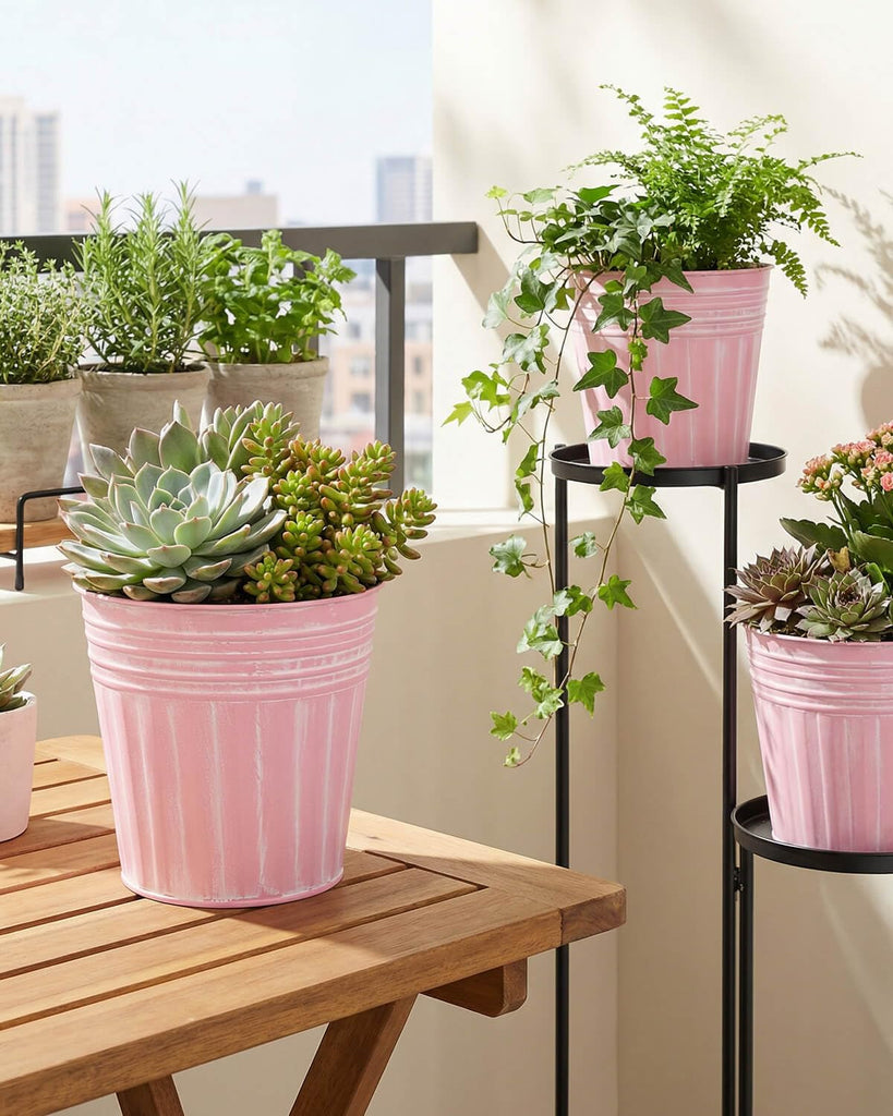 6 Inch Pink Metal Rustic Flower Pots - 6Pcs Medium Galvanized Planters with Drainage Hole and Rubber Plug, Rustproof