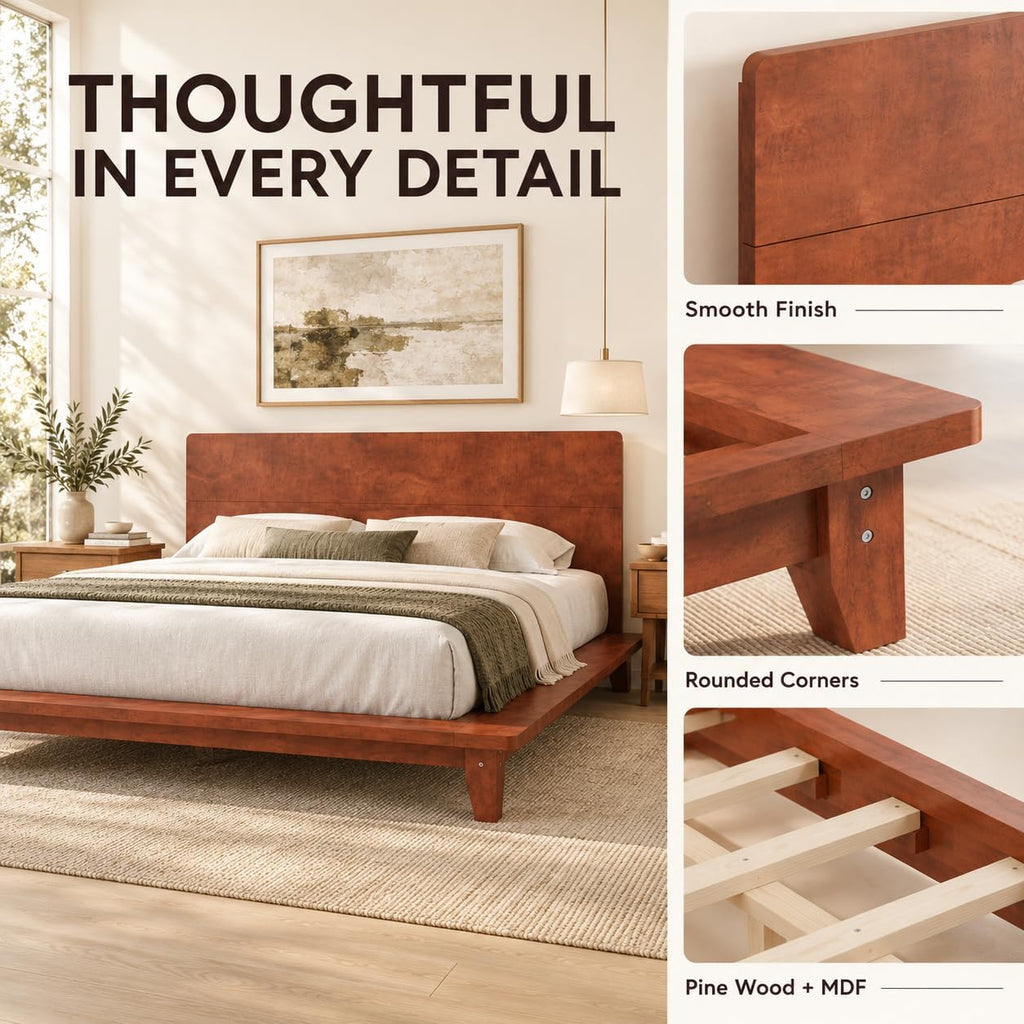 Japanese Wooden Bed Frame with Brown Headboard