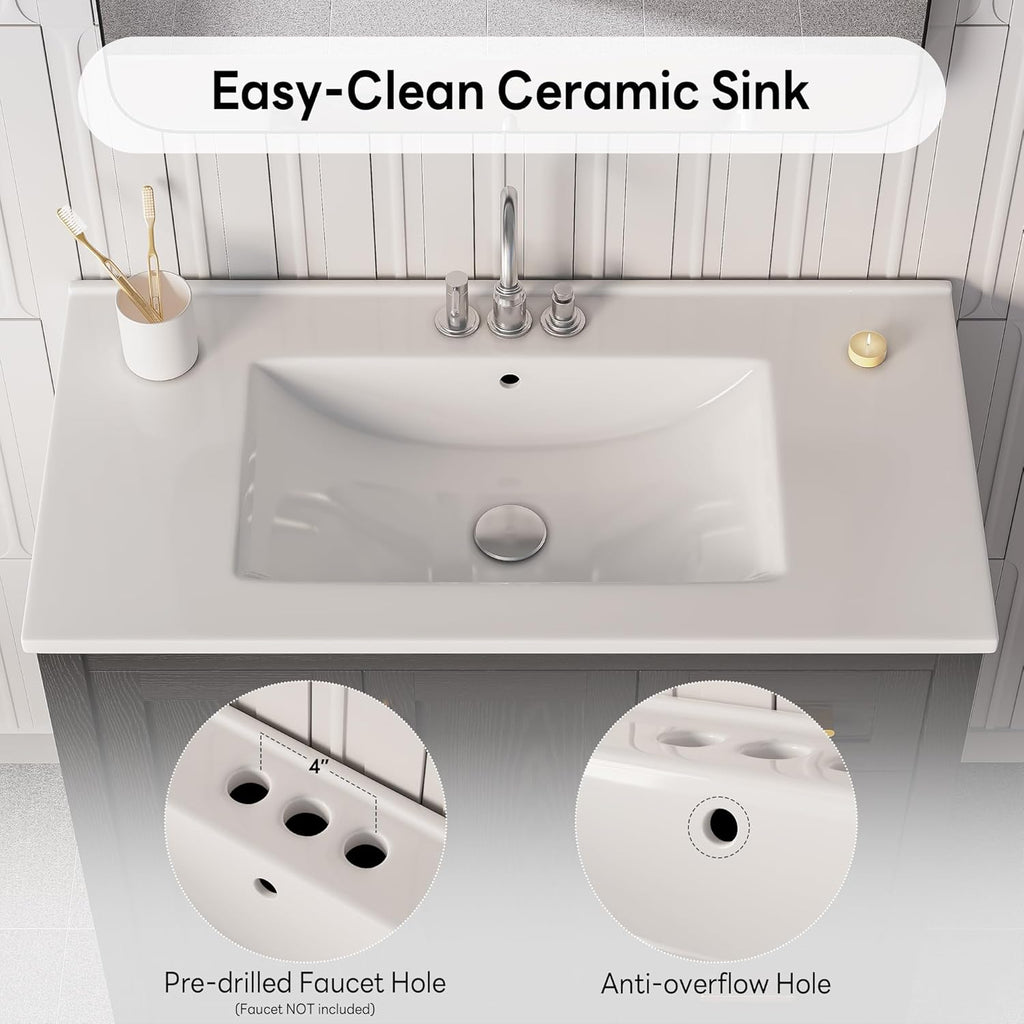 36 Inch Black Bathroom Vanity with Sink, Modern Single Sink Bath Vanity with Drawers & 2 Doors