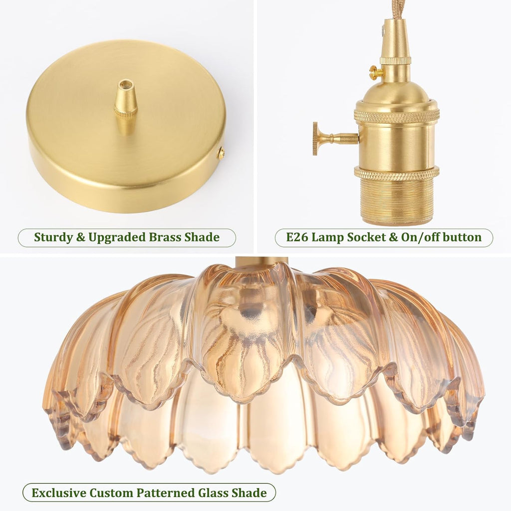 Pendant Light with Amber Scindapsus Glass Lmapshade, Brass Vintage Pendant Light Adjustable Hanging Light for Kitchen
