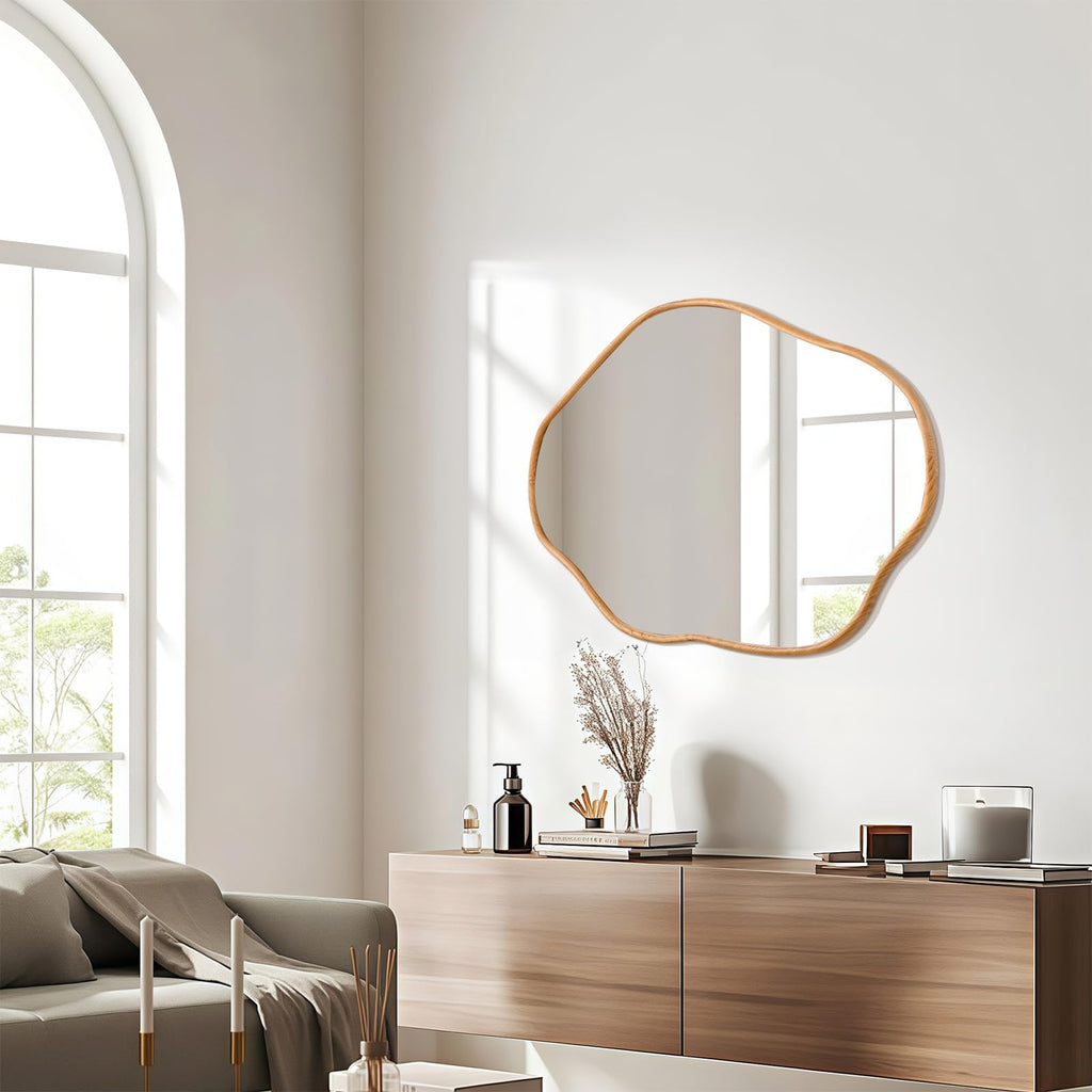Irregular Wall Mirror, 24x36 Inch, Natural Wood