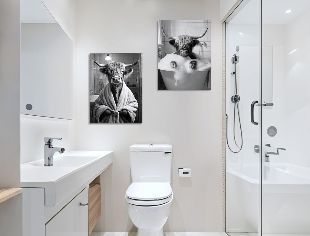 Highland Cow Bathroom Canvas Wall Art Funny Animals Bathroom Pictures Black and White Highland Cow Bathroom Prints