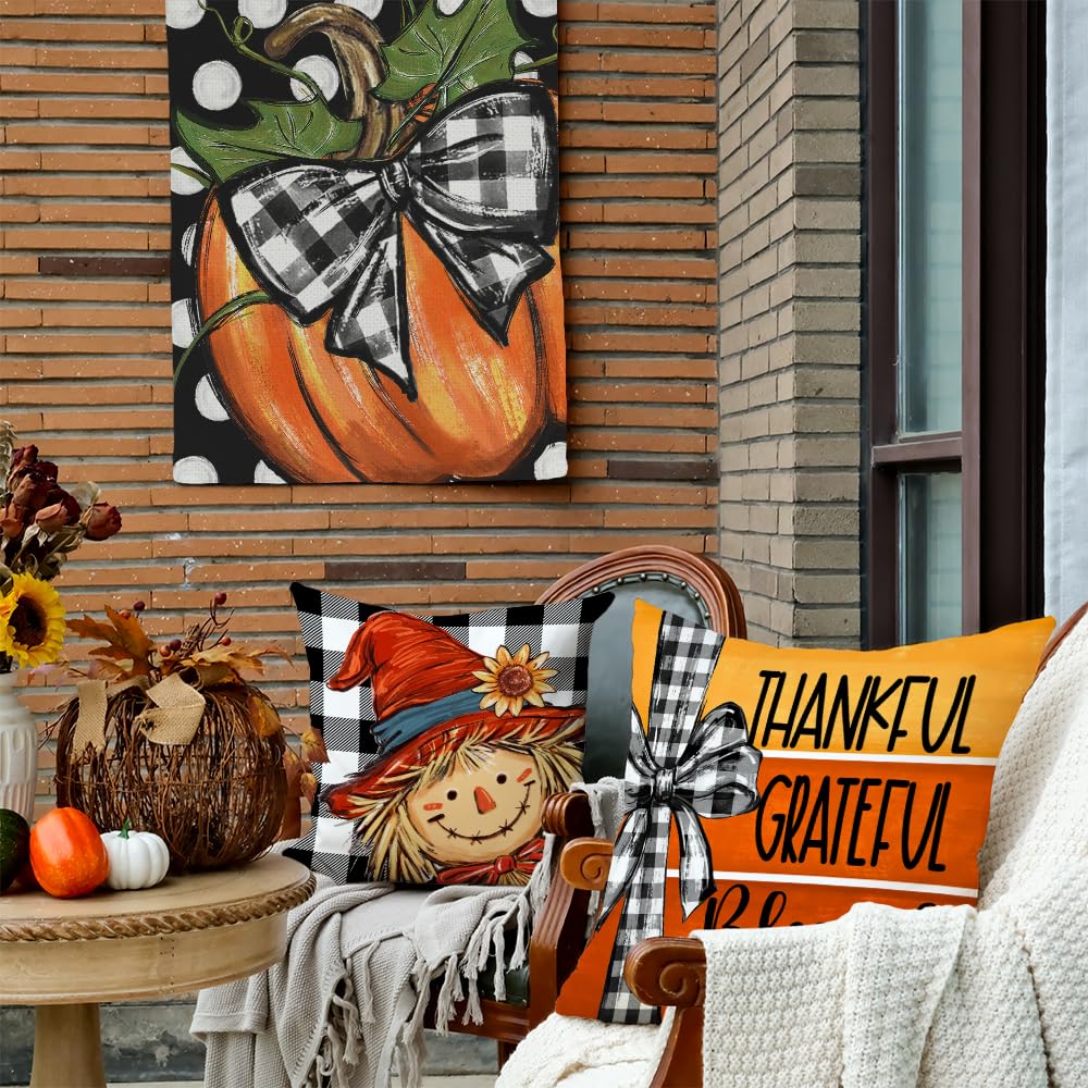 Fall Throw Pillow Covers 20x20 Inch Set of 4, Pumpkin Scarecrow Buffalo Plaid Orange Autumn Seasonal Decorative