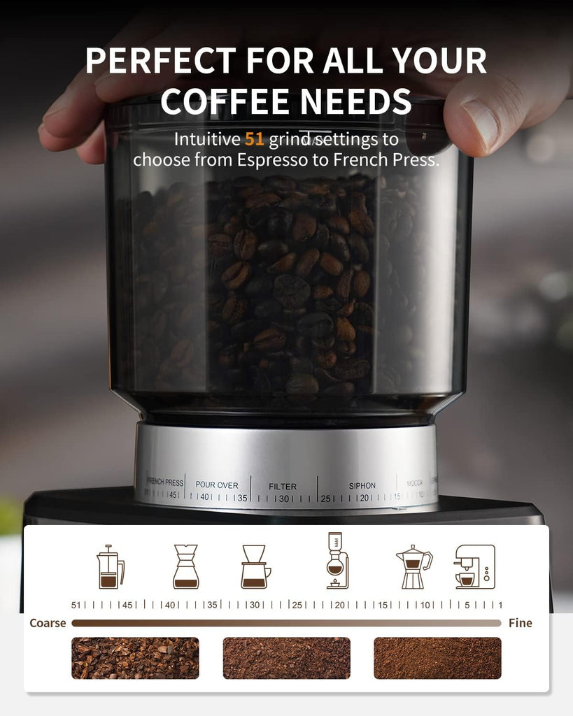 Conical Burr Espresso Coffee Grinder Electric with Precision Timer 2.0, Touchscreen Adjustable Burr Mill with 51