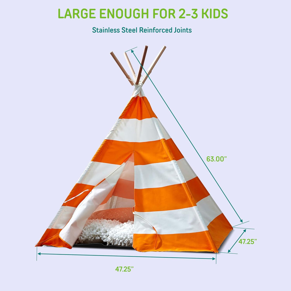 Indoor Teepee Tent - Durable Cotton Canvas with White Stripes, Easy Assembly, Orange Playhouse