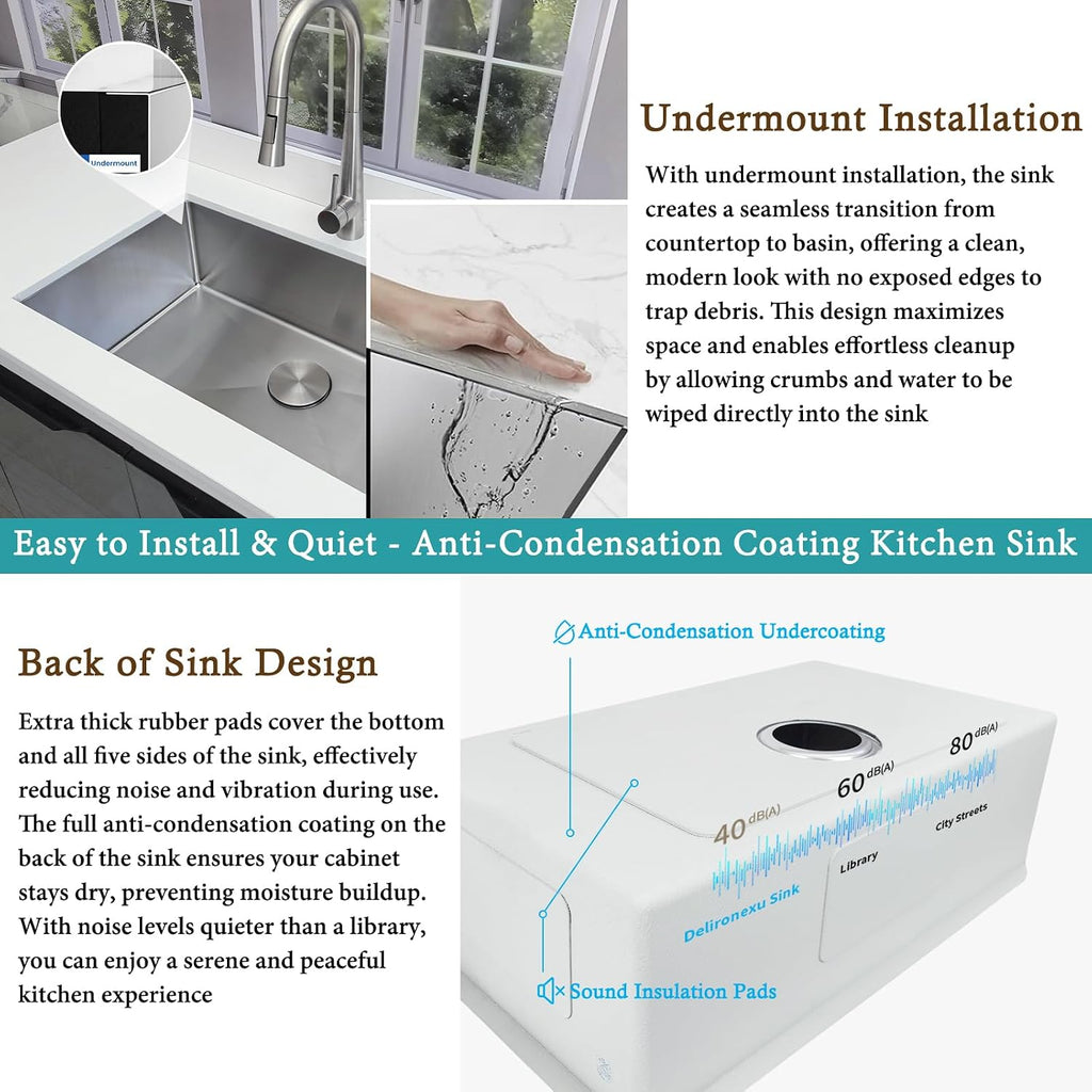 32 Inch Undermount Kitchen Sink - 16 Gauge Stainless Steel Kitchen sink Single Bowl, 32''x18'' Undermount Sink with