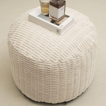 Round Stuffed Pouf Ottoman for Foot Rest 26" X 18" Faux Fur Poufs, Beige