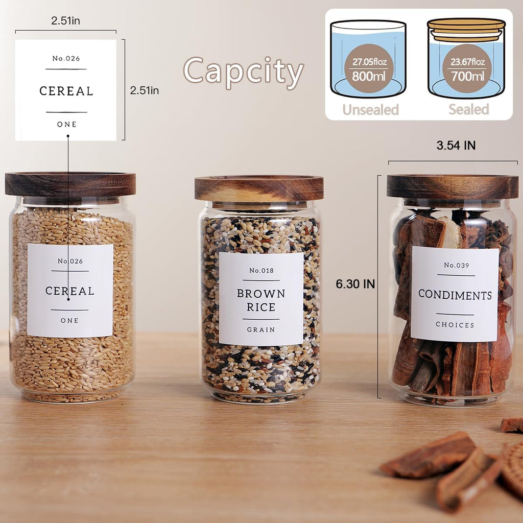 6 Set Glass Pantry Storage Jars with Acacia Airtight Lid - 23oz Thicken Glass Kitchen Canisters with 132 Pantry