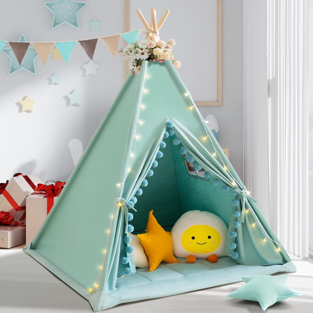 Teepee Tent for Kids with Padded Mat Cotton Canvas Kids Tent with Pompom for Toddlers Indoor Play Tent for Girls Boys