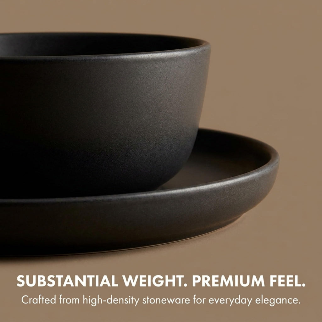 Matte Black Dinnerware Set, Stoneware Plates and Bowls, Set for 4