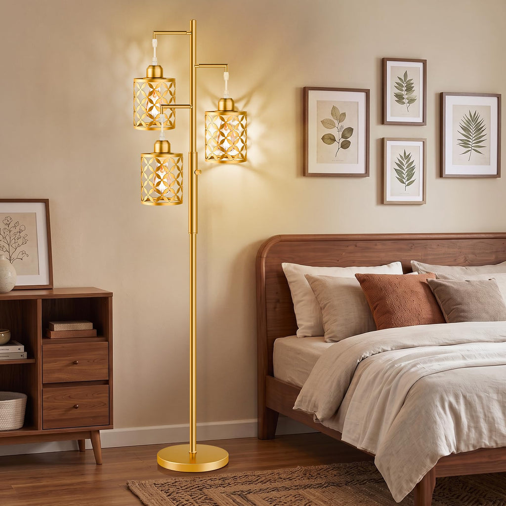 72" Modern Tree Floor Lamp, Dimmable Industrial Tall Standing Lamp with Metal Cages & Rotary Dimmer Knob, Corner
