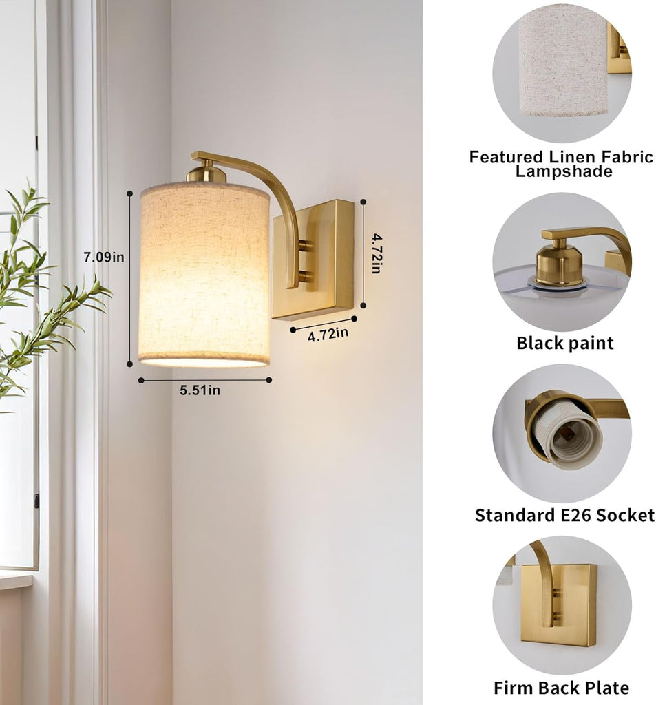 Gold Rechargeable Wall Sconces Set of 2 with Remote, Wireless Battery Operated Dimmable LED Wall Lights, Cordless