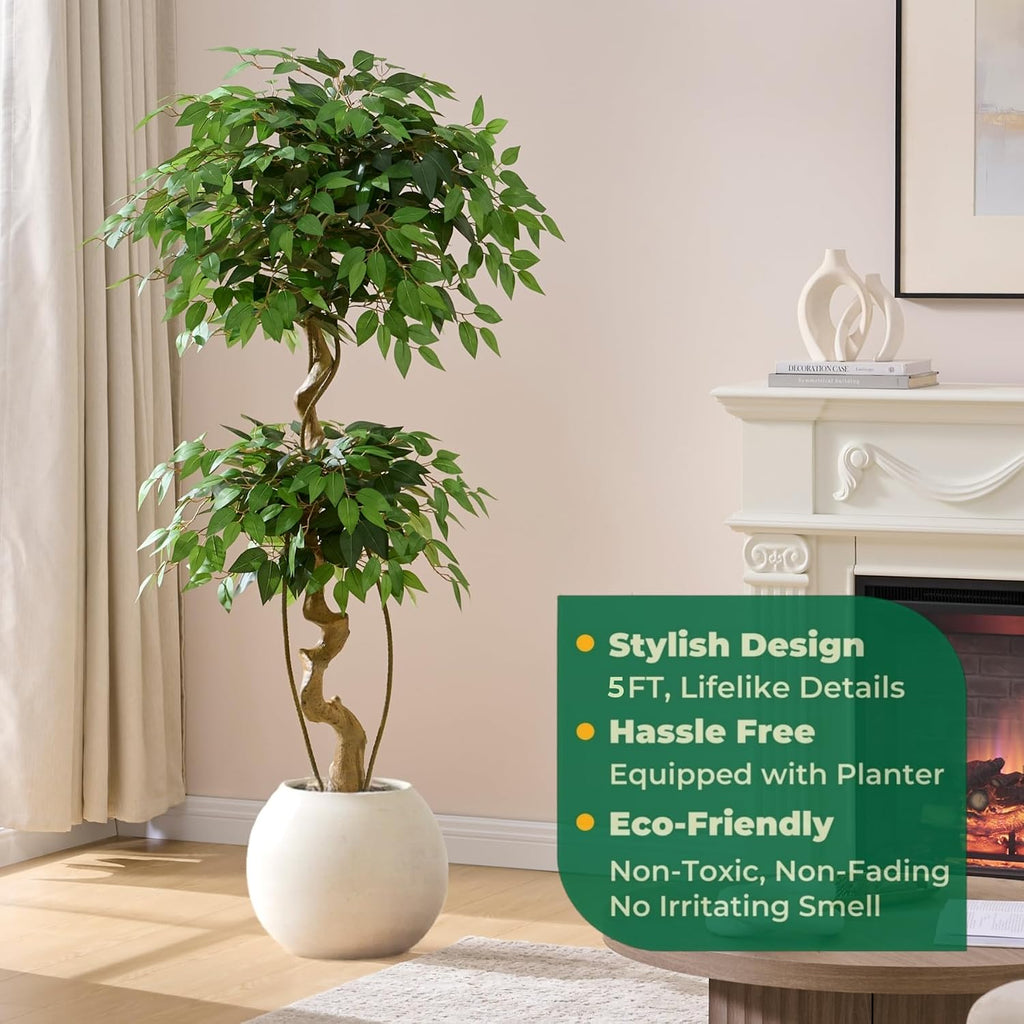 5FT Artificial Ficus Tree, Elegant Faux Topiary Tree in White Pebble Pot