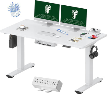 EN2 55"x28" Whole-Piece Standing Desk with Power Strip, White | Whole-Piece Desktop, Easy-Access Clamp Power Strip
