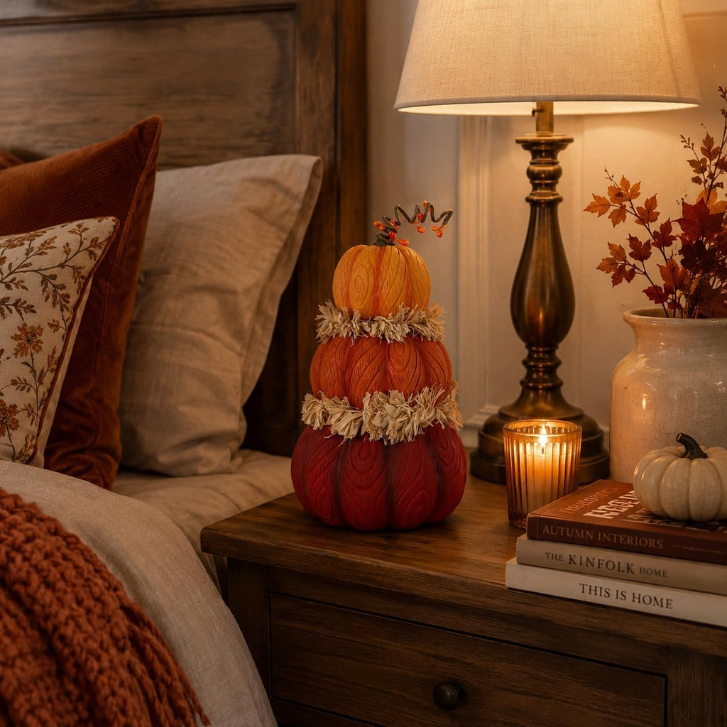 Fall Pumpkin Decor, 7.5in Resin Pumpkins Figurine for Fall Decor, Stacked Knit Textured Pumpkin Fall Decorations