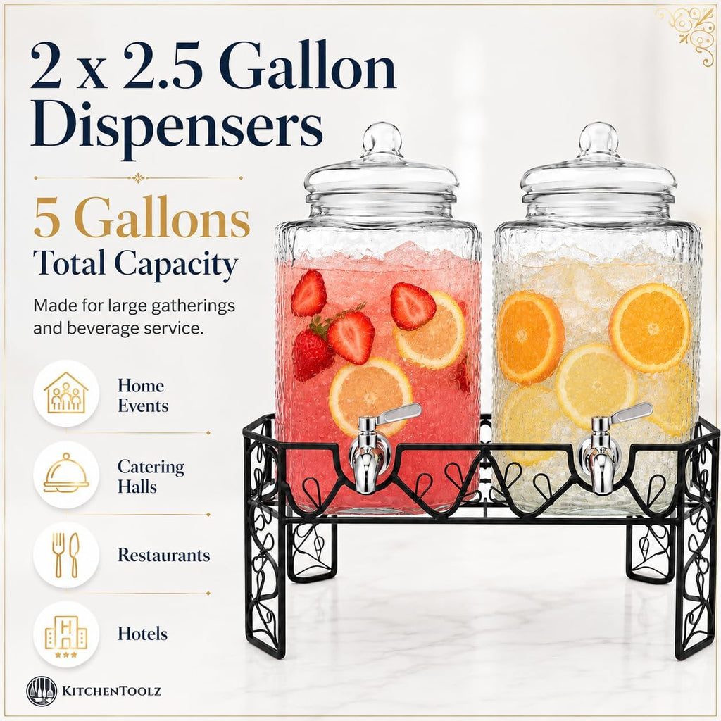 Dual 2.5 Gallon Set with Stainless Steel Spigots, Metal Stand & 2 Drip Trays - Hammered Mason Jar Style Drink