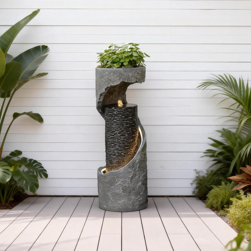 35.5" H Water Fountain with Planter, Modern Spiral Waterfall for Outdoor and Indoor