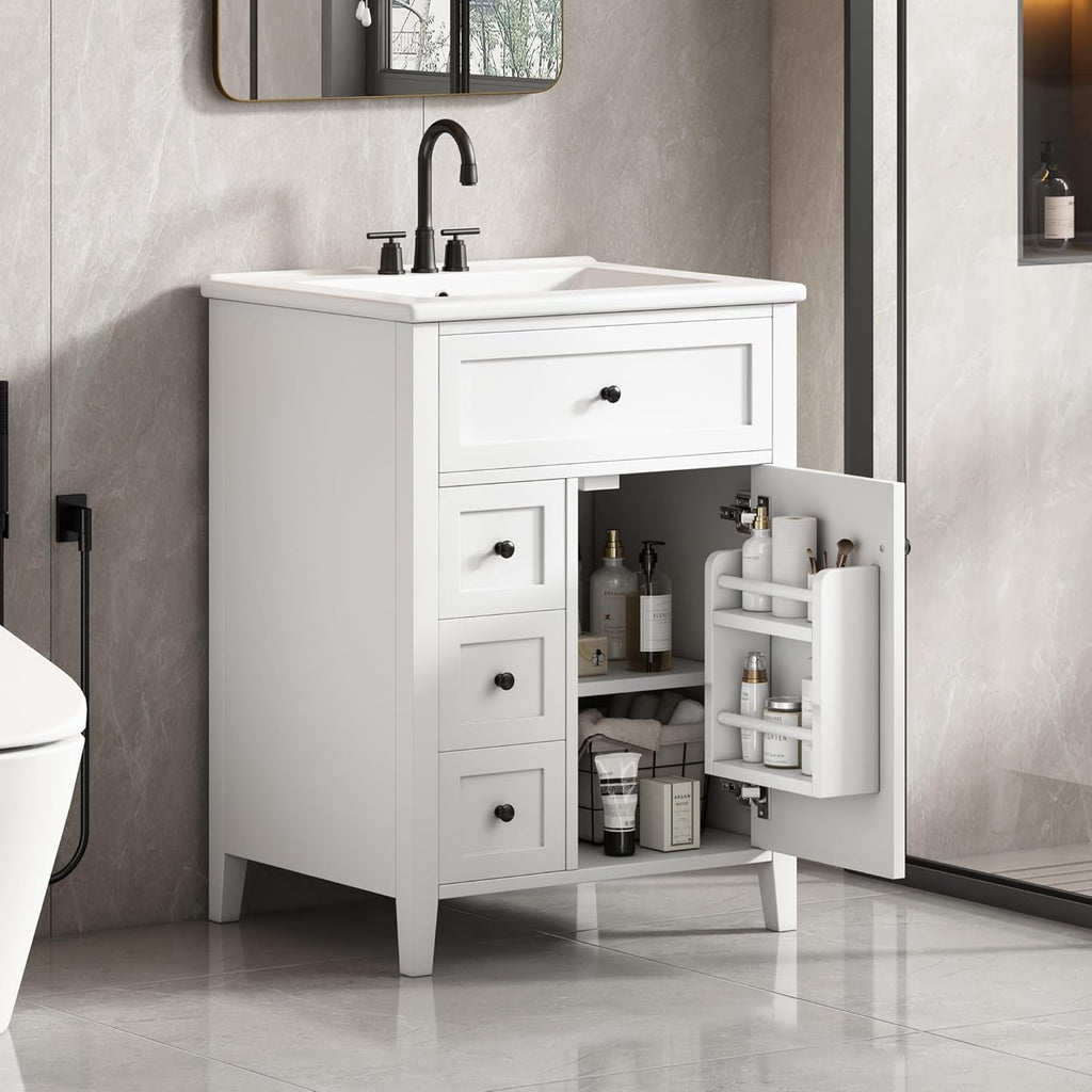 24-Inch Bathroom Vanity Sink Set – Cabinet with Tip-Out Drawer, Adjustable Shelf, Soft-Close Door & Solid Wood Legs, Black
