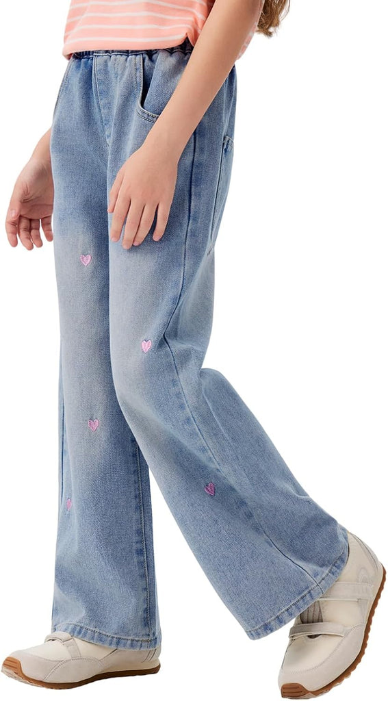 Girls Jeans Embroidery High Elastic Waist Denim Pants with Pockets Y2K Trendy Tween Streetwear