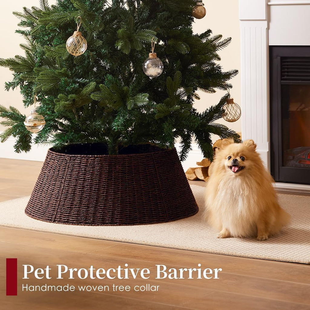 Rustic Farmhouse Christmas Tree Collar - 28Inch Woven Wicker Tree Base Stand Cover for Artificial Trees - Holiday