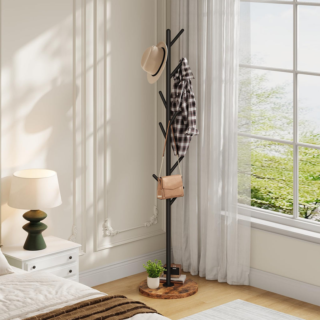 Coat Rack Stand with 9 Hooks, Metal Freestanding Coat Tree with Wooden Base, Heavy Duty Hall Tree, Space Saving Coat
