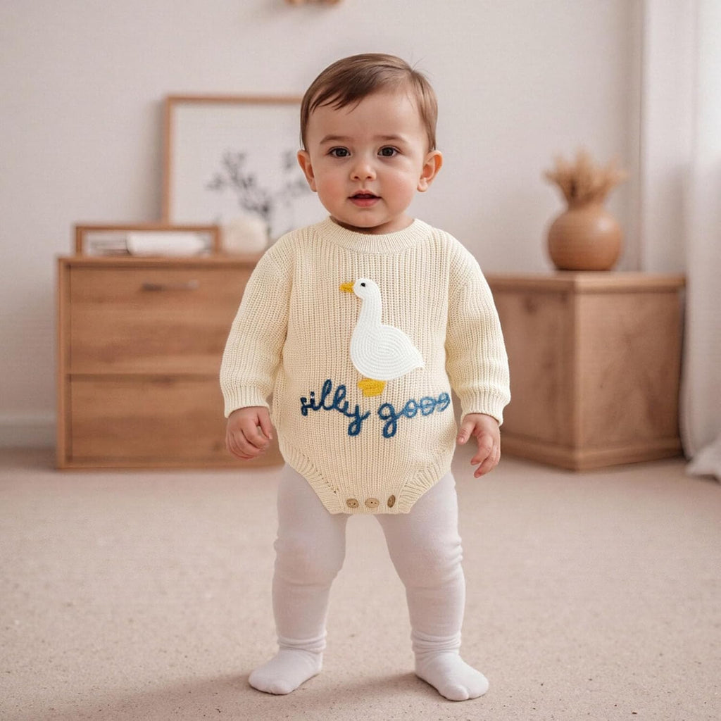Silly Goose Embroidery Baby Girl Boy Sweater Romper