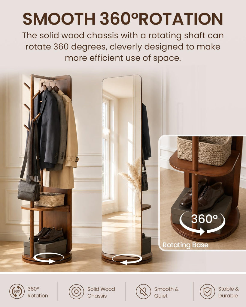 Solid Wood Mirror Coat Rack, Full Length Mirror with Stand Walnut