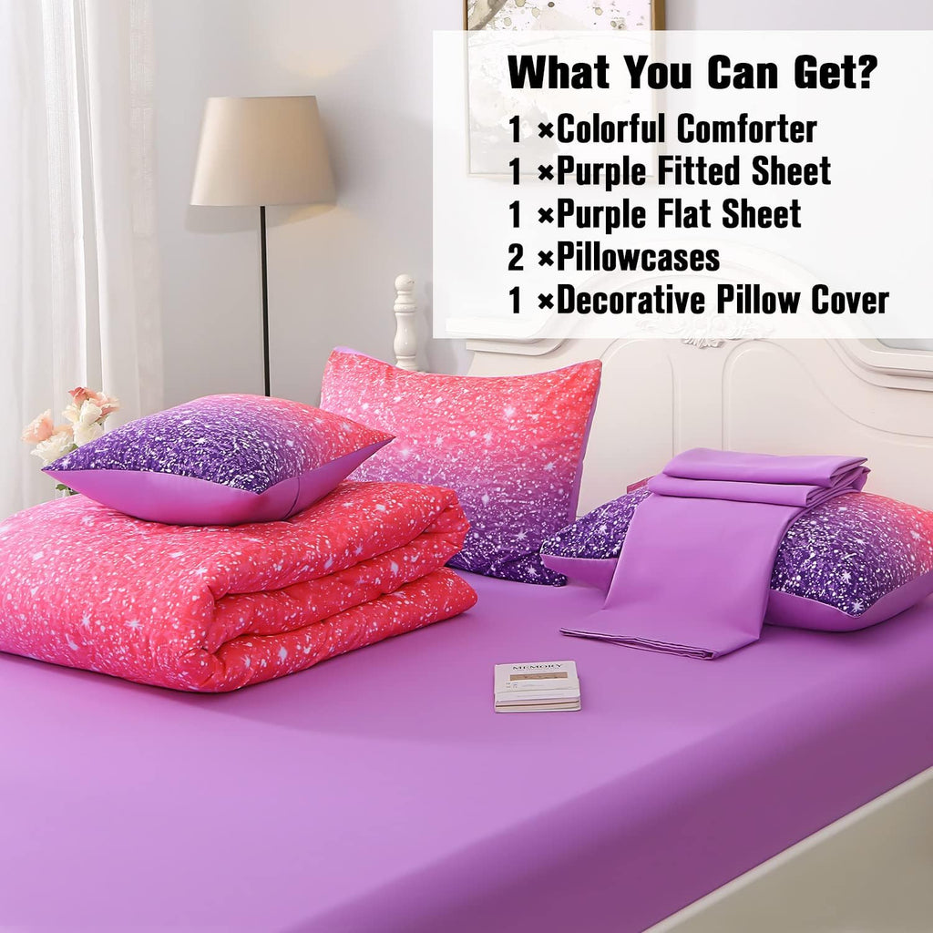 Twin Pink Comforter Set, 6 Piece Bed in A Bag 3D Colorful Bedding Set for Girls Kids (1 Comforter,2 Pillowcases,1