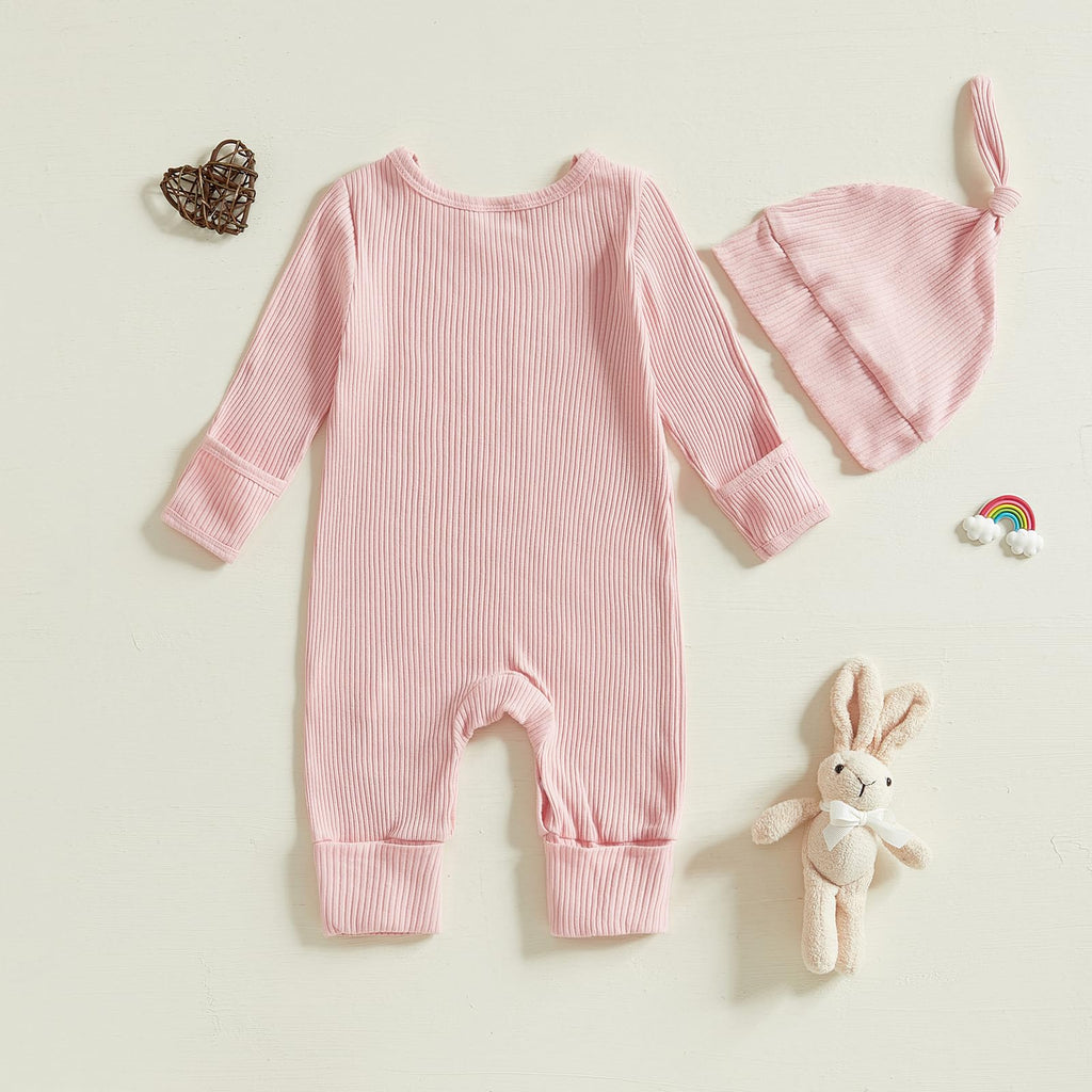 Newborn Baby Girl Easter Day Outfit Little Bunny Rib Knit Romper Jumpsuit Cute Infant Rabbit One-piece Clothes (Pink