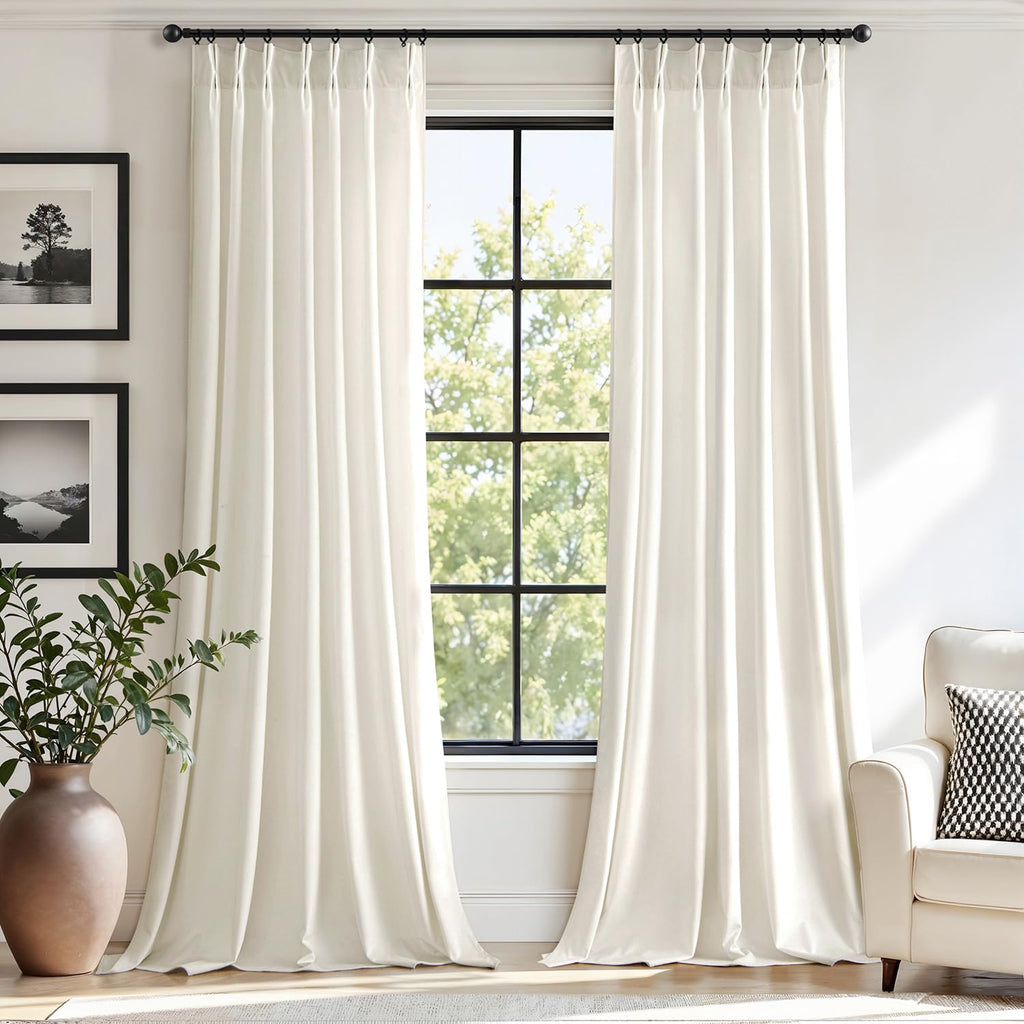 Velvet Pinch Pleated Blackout Ivory Curtains 40x96 Inches