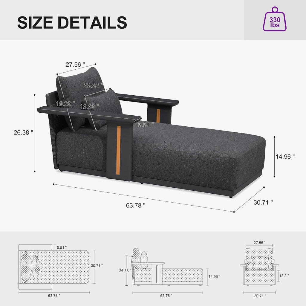 Patio Chaise Lounge Chair 1 Piece with Lumbar Pillow, Grey | Lumbar pillow support, Fade resistant premium fabric