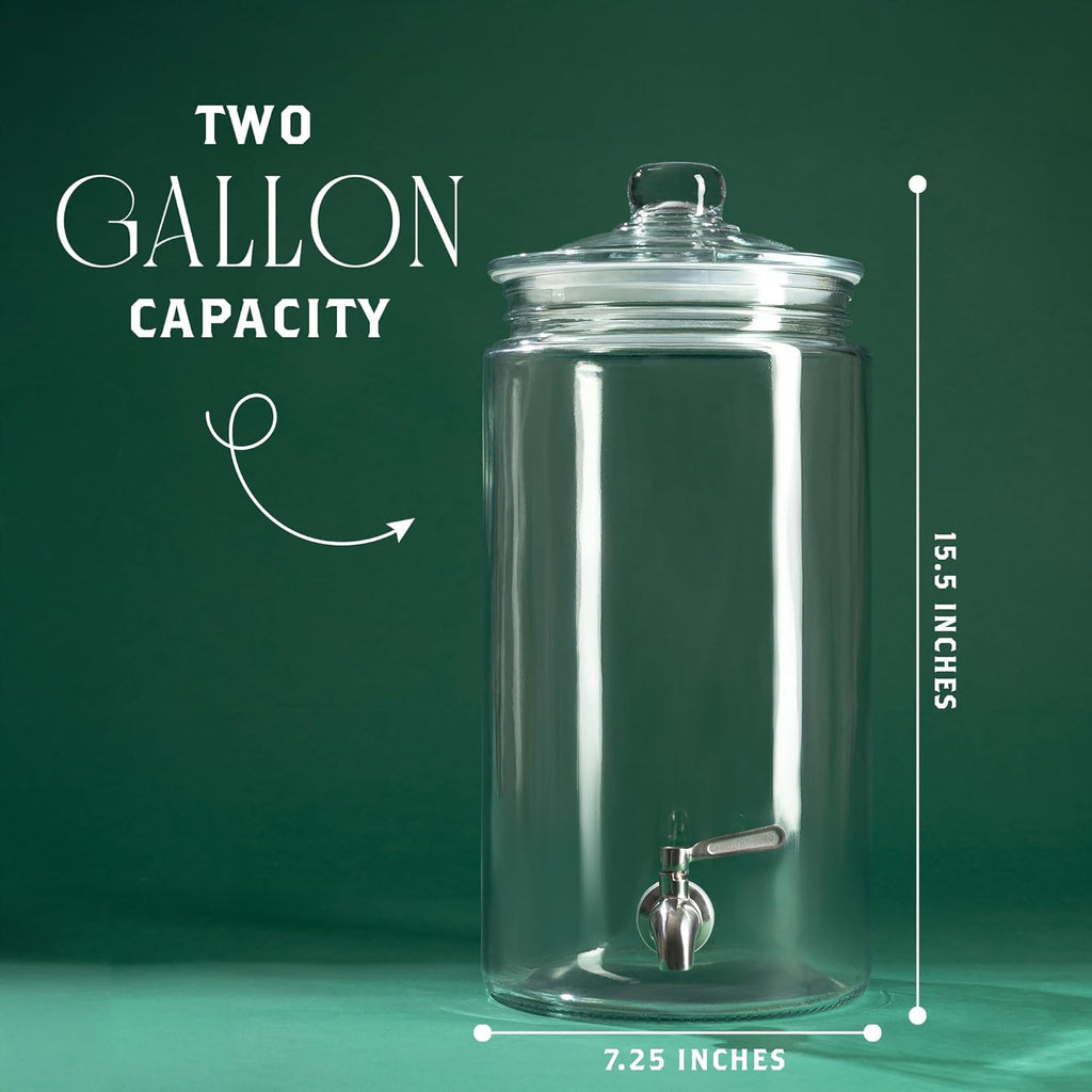 2 Gallon Glass Drink Dispenser with Spout for Parties - Tall Airtight Mason Style Beverage Serveware Stand with Metal