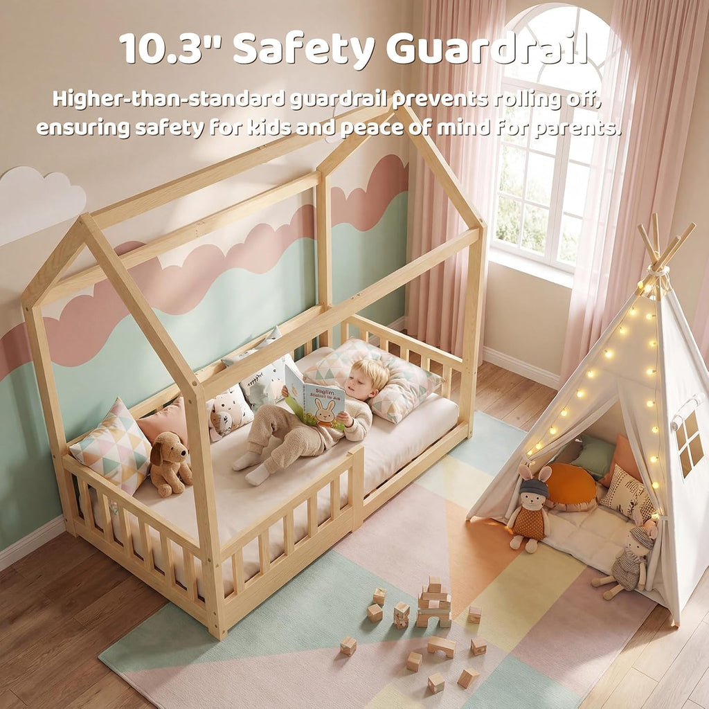 Toddler Bed, Toddler Floor Bed with Safety Guardrails, Wood Montessori House Bed with Roof, Low Toddler Bed Frame