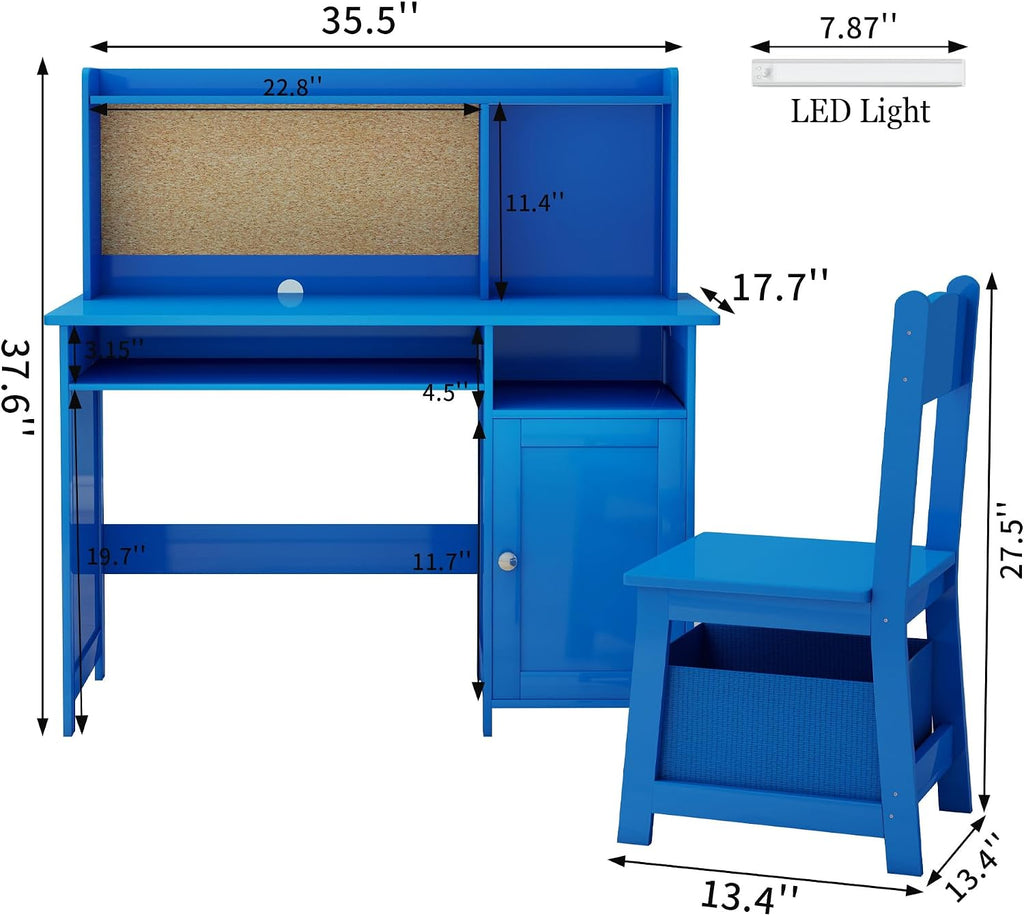 Kids Desk and Chair Set with Cork Board & Removable LED Light, Blue