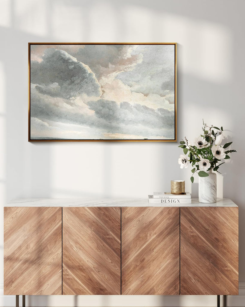Golden Framed Vintage Canvas Wall Art Study of Clouds with a Sunset Near Rome 24x36 inch, Grey Toned Rustic Canvas