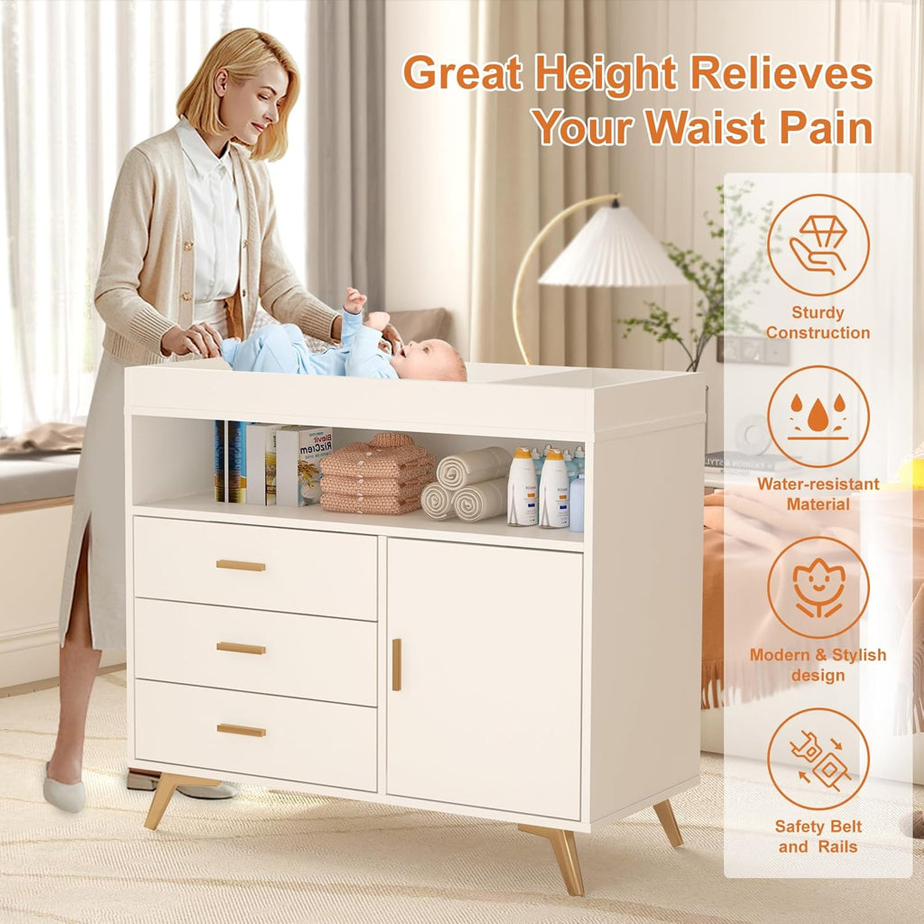 Baby Changing Table Dresser with Table Top, 3 Drawers & Open Shelf | Wooden Diaper Changing Station with Safety Rails
