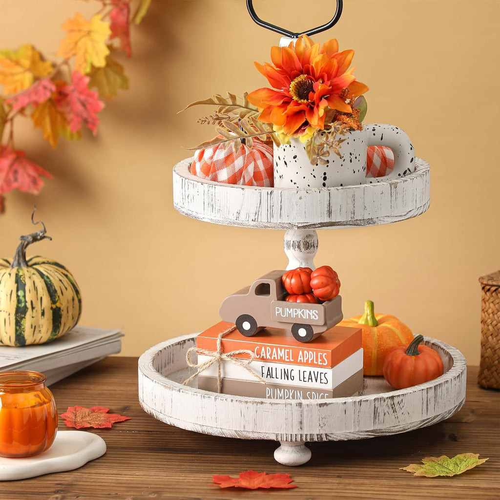 Fall Table Decor Tiered Tray Decor, Wooden Fall Signs with Book Stack - Set of 4