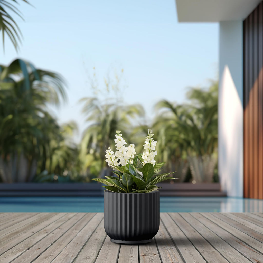 Small Round Pedestal Black Concrete Planter 11" Dia, Outdoor