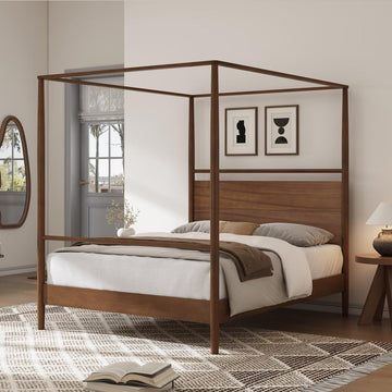Queen Size Canopy Bed Frame Four Posters Bed No Box Spring Needed, Walnut