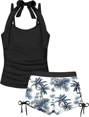 Girls Swimsuit 2 Piece Halterneck Girls Tankini Swimsuit Drawstring Printed Swim Shorts Girl Bathing Suit
