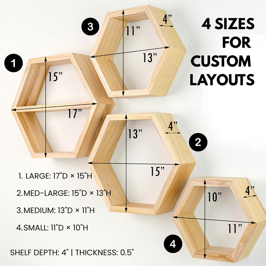 Hexagon Floating Shelves Set of 4 - Solid Wood Wall Mounted Shelves - Honeycomb Geometric Display Shelves - Natural