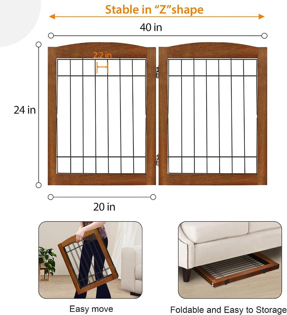 2-Panel Freestanding Foldable Wood Dog Gate - Solid Wood & Steel Wire, Chew-Resistant Pet Barrier for Indoor Use