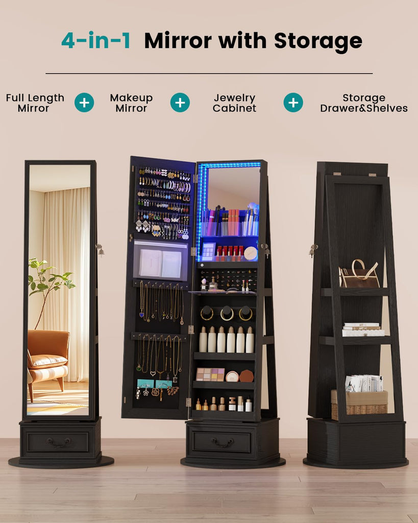 Mirror Jewelry Cabinet with Lights, Full Length Mirror and Storage