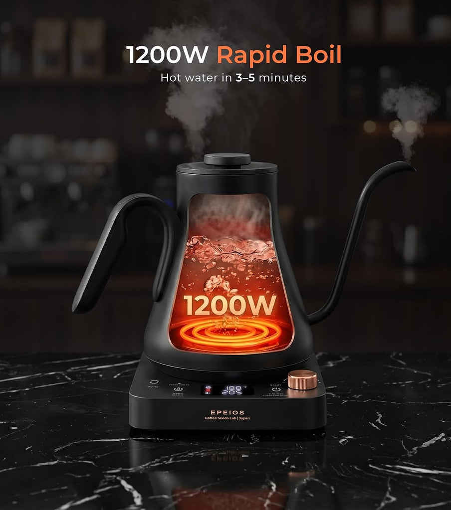 Gooseneck Electric Kettle ±1°F Temperature Control,1200W,0.9L,Black | Rapid Heating, Precision Pour-Over for Coffee &