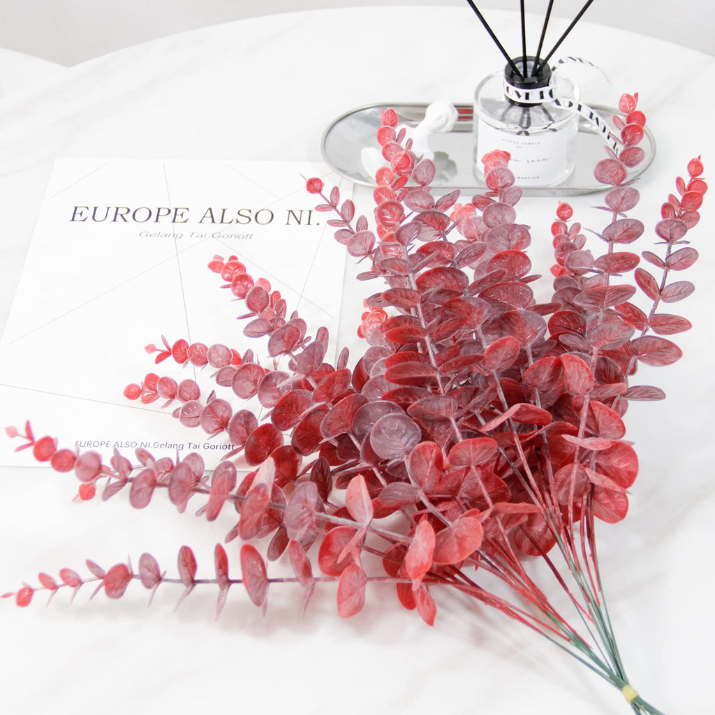Real Touch Leaf Artificial Eucalyptus Stem Faux Eucalyptuses Wedding Bouquet Centerpiece Home Decor (26, Red)