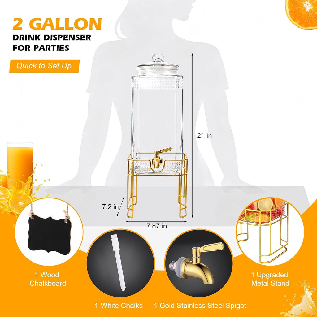 Drink Dispenser for Parties with Stand - 2 Gallon Beverage Dispenser with 18/8 Gold Stainless Steel Leak-Proof Spigot