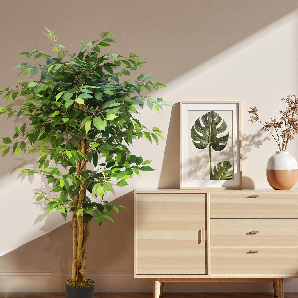 6FT Artificial Ficus Tree, Tall Realistic Faux Tree, Large Fake Potted Greenery Low-Maintenance Decor Porch, Plantas